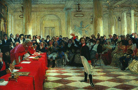 El joven Pushkin de 14 a&ntilde;os present&oacute; al Gobernador Derzhavin uno de sus poemas en el Liceo.