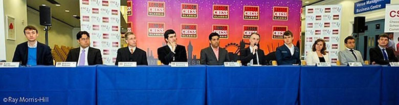 McShane, Nakamura, Adams, Kramnik, Anand, Malcolm Pein Director del Torneo, Carlsen, Judit Polgar, Aronian y Gawain Jones