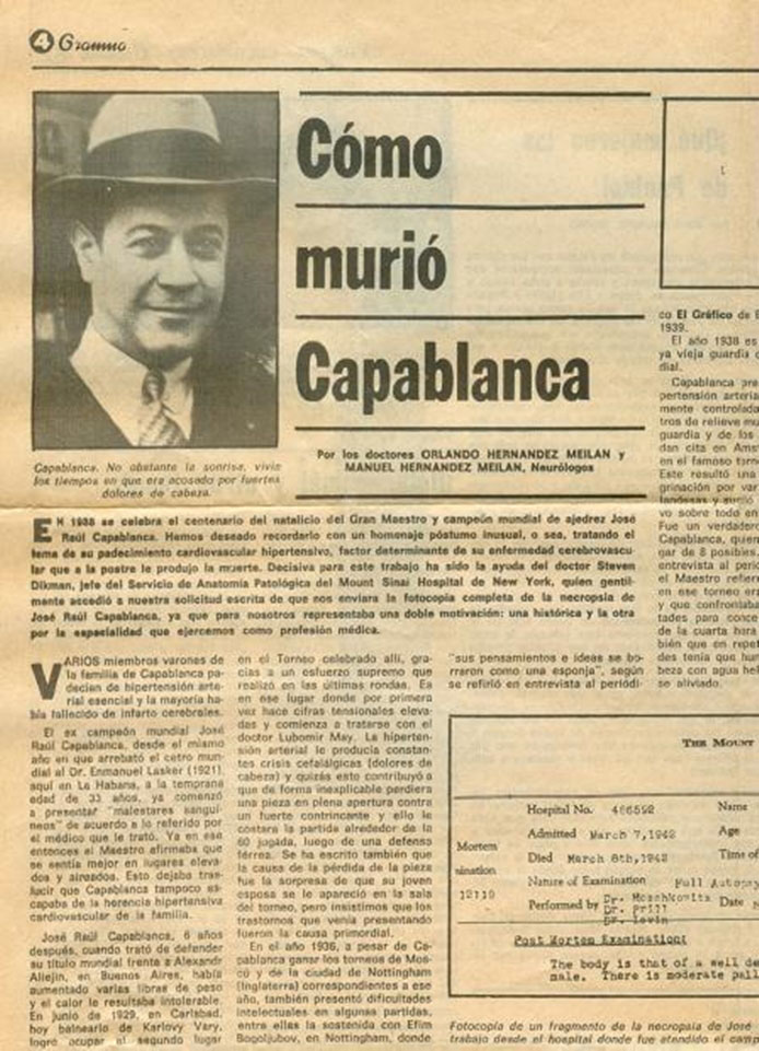 Muerte de Capablanca en el diario cubano Gramma