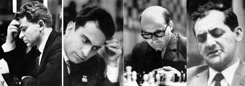 Boris Spassky, Mijail Tal, David Bronstein y Leonid Stein