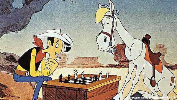 Lucky Luke juega con Jolly Jumper.