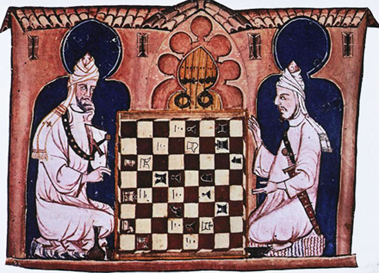 Grabado medieval con dos jugadores musulmanes jugando al shatranj 