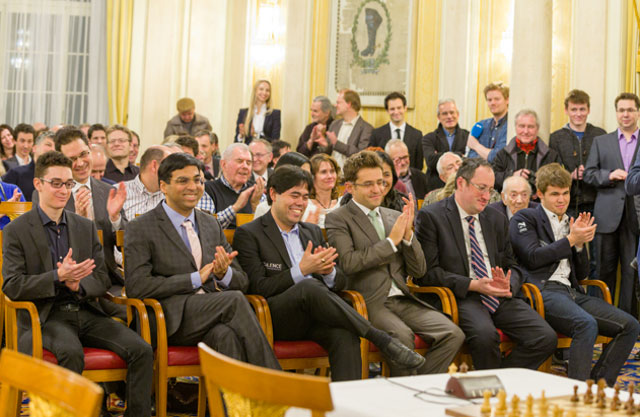 Nakamura, Carlsen, Anand, Caruana, Aronian y Gelfand.
