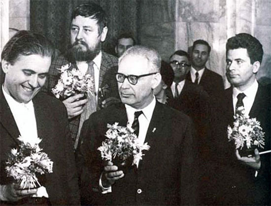 Bent Larsen, Jan Hein Donner, Mikhail Botvinnik y Boris Spassky en Leiden 1970