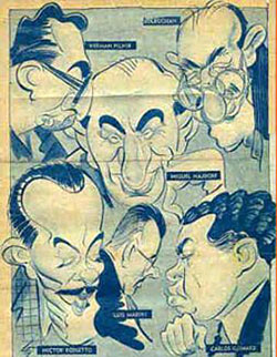 Caricatura del equipo argentino 1950 Bolbochán es el de arriba a la derecha