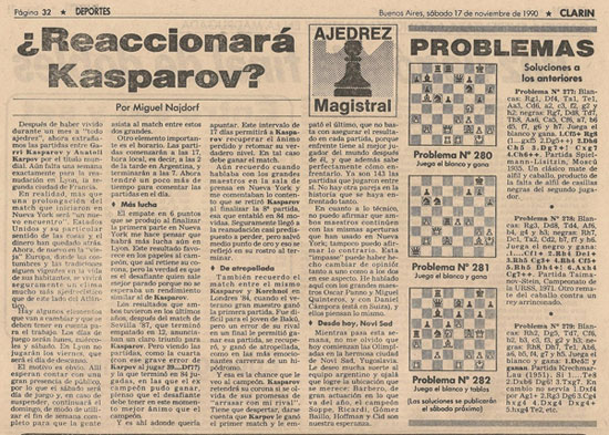 Clarin 17 noviembre 1990 Kasparov Karpov pre Lyon
