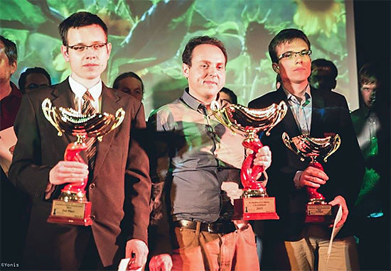 David Navara, segundo, Evgeny Najer, campeón, y Mateusz Bartel tercero en Jerusalén