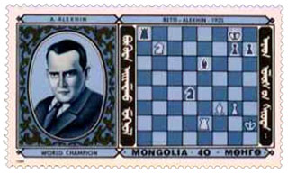 Estampilla de Mongolia con la posicion de Reti vs Alekhine