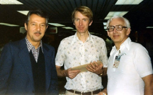 Gligoric en la Olimpiada de Buenos Aires 1978 con Fridrik Olafsson y el Prof. Arpad Elo Susan Grumer