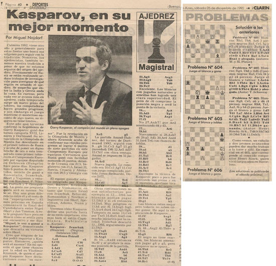 Kasparov en Clarín. 26 de diciembre de 1992