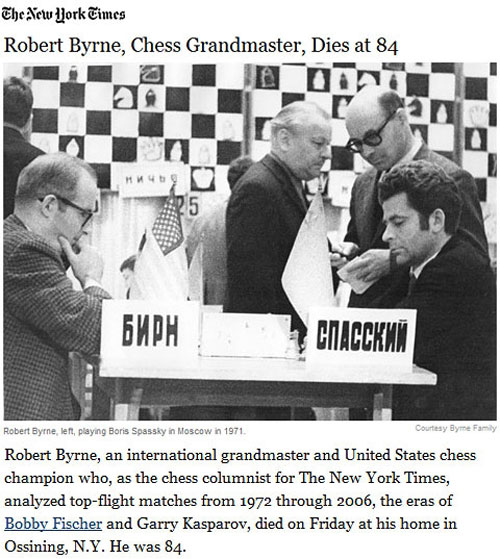 Noticia en New York Times Byrne y Spassky en Moscú 1971 parado David Bronstein