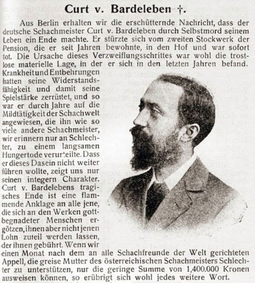 Obituario de Curt von Bardeleben en Enero de 1924 en Wiener Schachzeitung