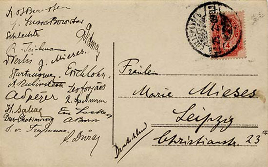 Postal de Mieses a su esposa firmada por participantes de San Petersburgo 1909