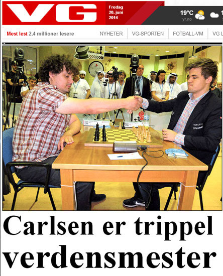 Prensa noruega, Vgnett titula Carlsen es triple campeón del mundo