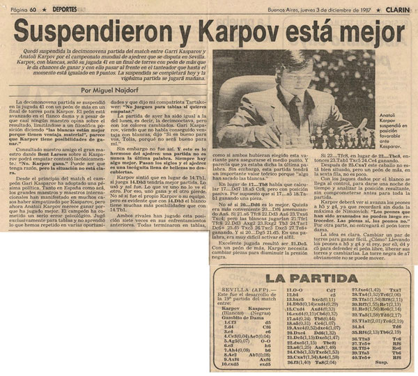 Una de las notas de Miguel Najdorf en el diario Clarín de Buenos Aires. 3 de diciembre de 1987