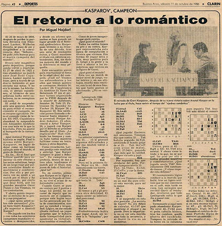 Columna de Miguel Najdorf en Clarín 11 octubre de 1986 "El retorno a lo romántico"