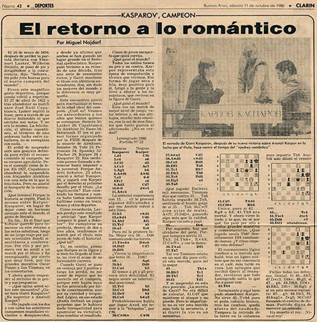 Columna de Miguel Najdorf en Clar&iacute;n 11 octubre de 1986 "El retorno a lo rom&aacute;ntico"